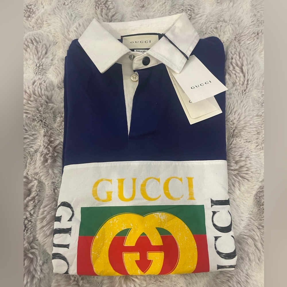 Gucci Mens Rugby Blue Polo Logo Long Sleeve T Shirt Sz M - Picture 3 of 9